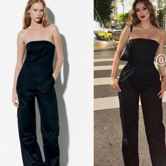 ZARA Black Strapless Cargo Pant Jumpsuit Pockets 100% Cotton Size S - Picture 1 of 10